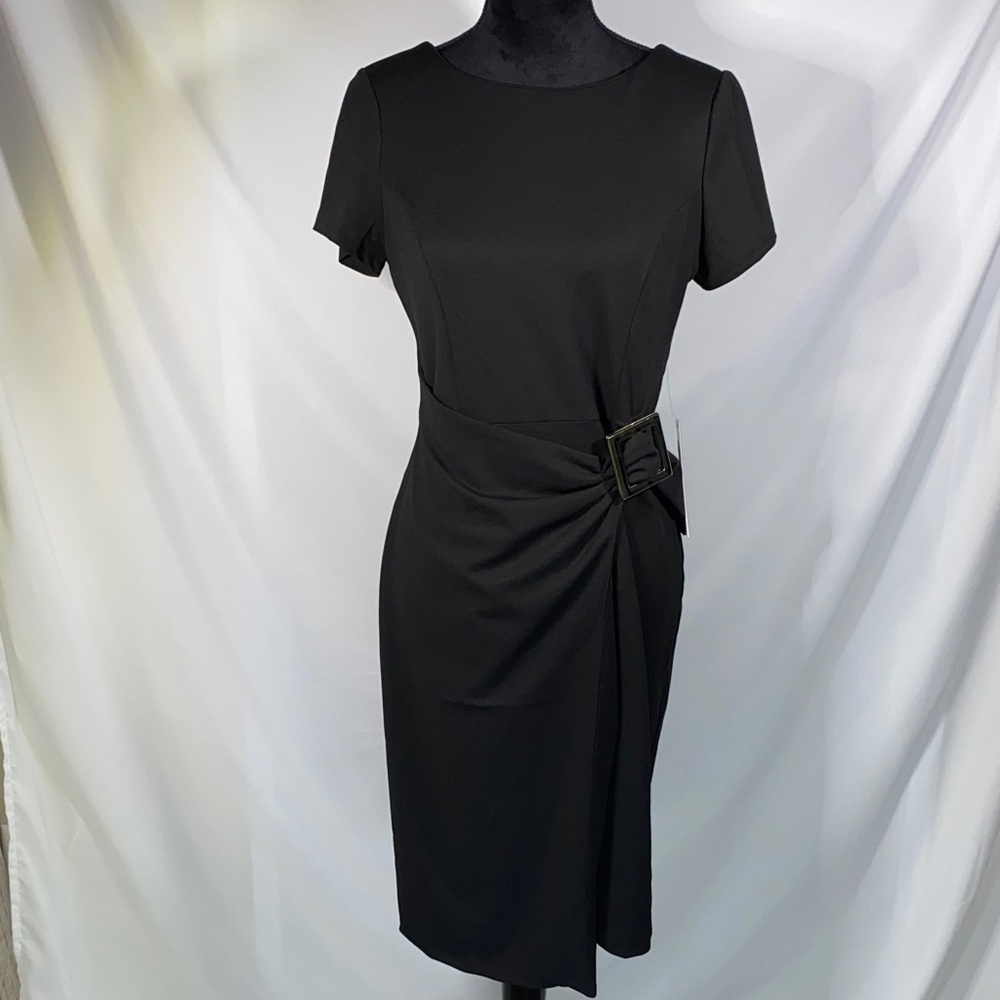 Luxology NWT Black Faux Wrap Dress Side Buckle Drape Short Sleeve Midi 8
